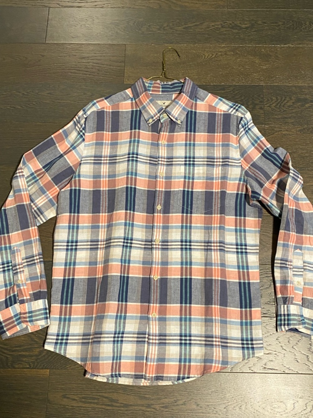 American Eagle Outfitters Coral, Navy & White Plaid Button-Down Shirt